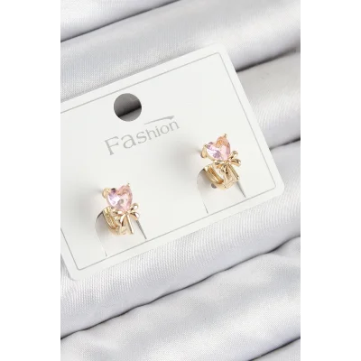 BUĞZ Pirinç Zirkon Taşlı Fiyonklu Kalp Model Gold Renk Çocuk Küpe