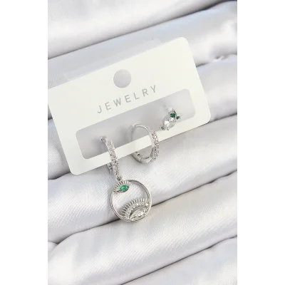 BUĞZ Pirinç Zirkon Taşlı Göz Ve Baykuş Model Gümüş Renk 3lü Çift Kadın Küpe Set