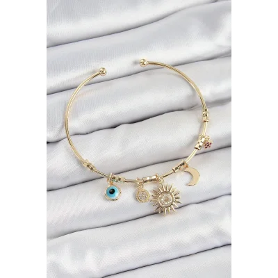 BUĞZ Pirinç Zirkon Taşlı Güneş Ay Nazar Model Gold Renk Charm Bileklik