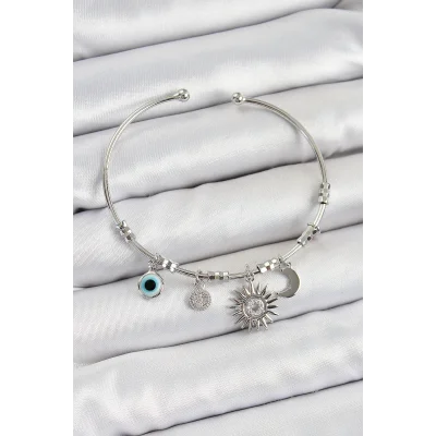 BUĞZ Pirinç Zirkon Taşlı Güneş Ay Ve Nazar Model Gümüş Renk Charm Bileklik