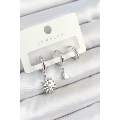 BUĞZ Pirinç Zirkon Taşlı Güneş Model Gümüş Renk 3lü Çift Kadın Küpe Set