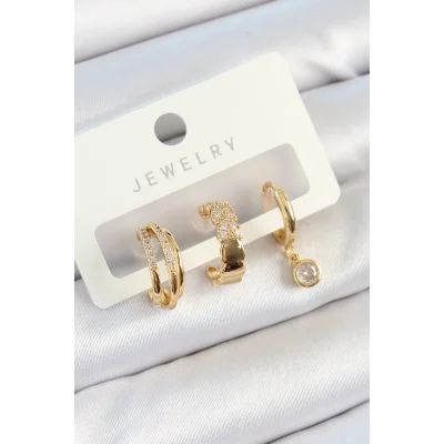 BUĞZ Pirinç Zirkon Taşlı Halka Model Gold Renk 3lü Çift Kadın Küpe Set