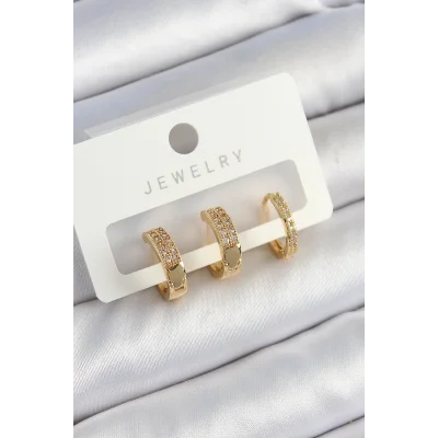 BUĞZ Pirinç Zirkon Taşlı Halka Model Gold Renk 3lü Çift Kadın Küpe Set