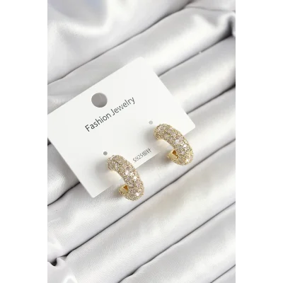 BUĞZ Pirinç Zirkon Taşlı Halka Model Gold Renk Kadın Küpe