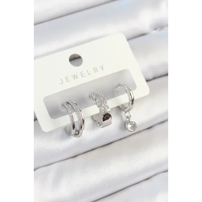 BUĞZ Pirinç Zirkon Taşlı Halka Model Gümüş Renk 3lü Çift Kadın Küpe Set