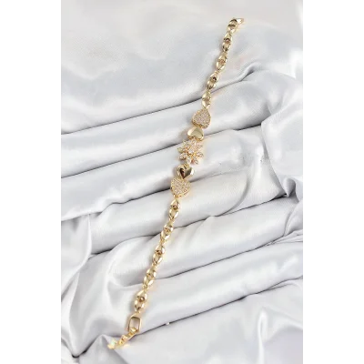BUĞZ Pirinç Zirkon Taşlı Kalp Detaylı Çiçek Model Gold Renk Kadın Bileklik - Lisinya