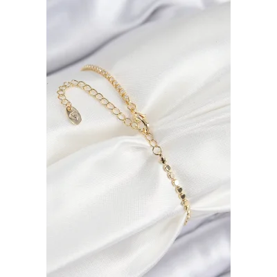 BUĞZ Pirinç Zirkon Taşlı Kalp Model Ezme Zincir Gold Renk Kadın Bileklik - Lisinya