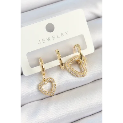 BUĞZ Pirinç Zirkon Taşlı Kalp Model Gold Renk 3lü Çift Kadın Küpe Set
