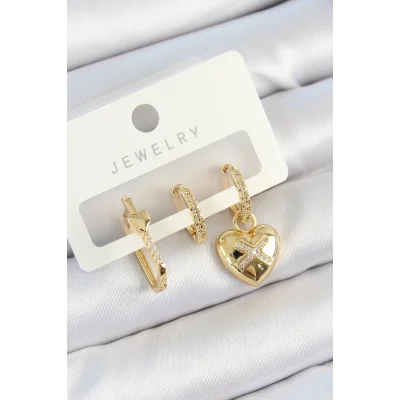 BUĞZ Pirinç Zirkon Taşlı Kalp Model Gold Renk 3lü Çift Kadın Küpe Set