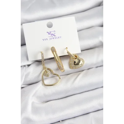 BUĞZ Pirinç Zİrkon Taşlı Kalp Model Gold Renk 3lü Kadın Küpe