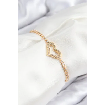 BUĞZ Pirinç Zirkon Taşlı Kalp Model Gold Renk Asansörlü Kadın Bileklik