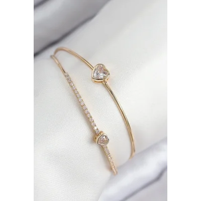 BUĞZ Pirinç Zirkon Taşlı Kalp Model Gold Renk Kadın Bileklik