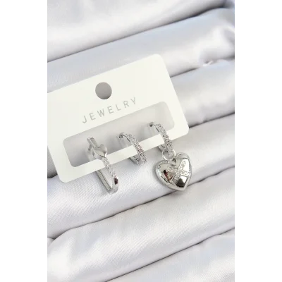 BUĞZ Pirinç Zirkon Taşlı Kalp Model Gümüş Renk 3lü Çift Kadın Küpe Set