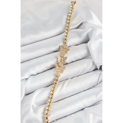 BUĞZ Pirinç Zirkon Taşlı Kelebek Model Gold Renk Kadın Bileklik - Lisinya