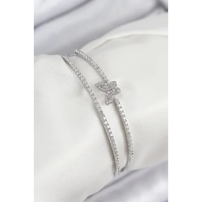 BUĞZ Pirinç Zirkon Taşlı Kelebek Model Gümüş Renk Kadın Bileklik