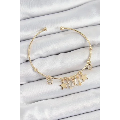 BUĞZ Pirinç Zirkon Taşlı Kelebek Ve Yıldız Model Gold Renk Charm Bileklik