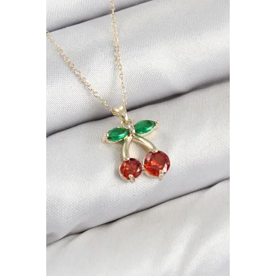BUĞZ Pirinç Zirkon Taşlı Kiraz Model Gold Renk Kadın Kolye