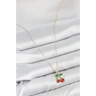 BUĞZ Pirinç Zirkon Taşlı Kiraz Model Gold Renk Kadın Kolye - Lisinya