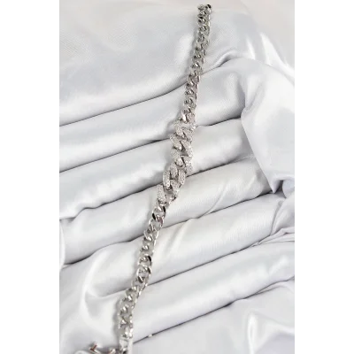 BUĞZ Pirinç Zirkon Taşlı Küba Zincir Model Gümüş Renk Kadın Bileklik - Lisinya