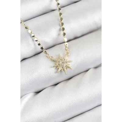 BUĞZ Pirinç Zirkon Taşlı Kutup Yıldızı Model Ezme Zincir Gold Renk Kadın Kolye