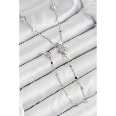 BUĞZ Pirinç Zirkon Taşlı Kutup Yıldızı Model Gümüş Renk Y Kolye