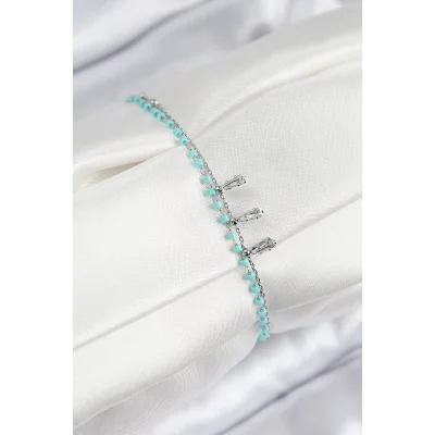 BUĞZ Pirinç Zirkon Taşlı Mavi Boncuklu Model Gümüş Renk Kadın Bileklik