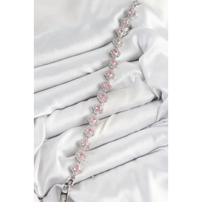 BUĞZ Pirinç Zirkon Taşlı Pembe Yonca Baget Model Gümüş Renk VIP Seri Kadın Bileklik - Lisinya