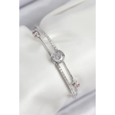 BUĞZ Pirinç Zirkon Taşlı Pırlanta Model Gümüş Renk Kadın Bileklik