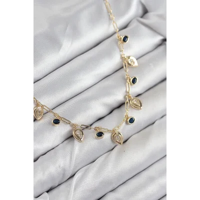 BUĞZ Pirinç Zirkon Taşlı Sallantılı Damla Model Gold Renk Kadın Kolye