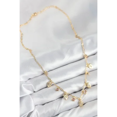 BUĞZ Pirinç Zirkon Taşlı Sallantılı Damla Model Gold Renk Kadın Kolye - BUĞZ