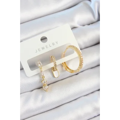 BUĞZ Pirinç Zirkon Taşlı Sallantılı Model Gold Renk 3lü Çift Kadın Küpe Set