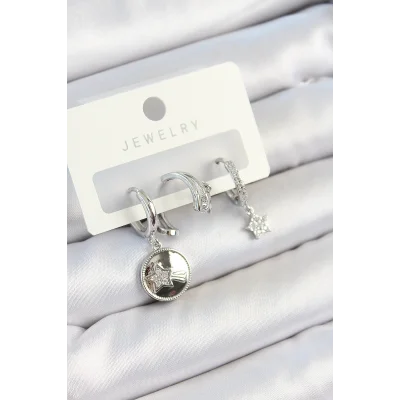 BUĞZ Pirinç Zirkon Taşlı Sallantılı Yıldız Model Gümüş Renk 3lü Çift Kadın Küpe Set