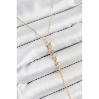 BUĞZ Pirinç Zirkon Taşlı Sıralı Yıldız Figürlü Y Model Gold Renk Kadın Kolye