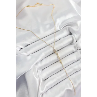BUĞZ Pirinç Zirkon Taşlı Sıralı Yıldız Figürlü Y Model Gold Renk Kadın Kolye - BUĞZ