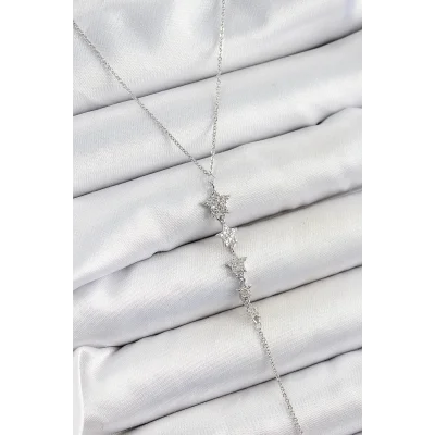 BUĞZ Pirinç Zirkon Taşlı Sıralı Yıldız Figürlü Y Model Gümüş Renk Kadın Kolye