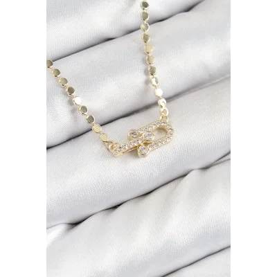 BUĞZ Pirinç Zirkon Taşlı Tifany Model Ezme Zincir Gold Renk Kadın Kolye