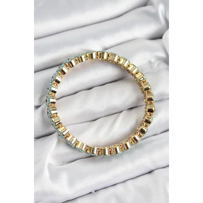 BUĞZ Pirinç Zirkon Taşlı Turkuaz Nazar Model Gold Renk Lastikli Kadın Bileklik - Lisinya