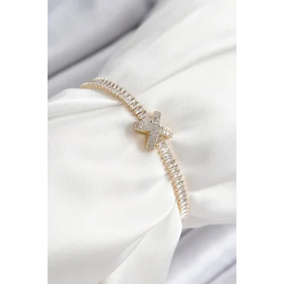 BUĞZ Pirinç Zirkon Taşlı X Detaylı Su Yolu Model Gold Renk Asansörlü Kadın Bileklik