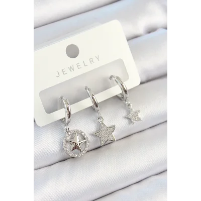 BUĞZ Pirinç Zirkon Taşlı Yıldız Model Gümüş Renk 3lü Çift Kadın Küpe Set