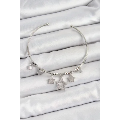 BUĞZ Pirinç Zirkon Taşlı Yıldız Model Gümüş Renk Charm Bileklik