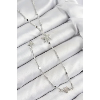 BUĞZ Pirinç Zirkon Taşlı Yıldız Model Gümüş Renk Y Kolye