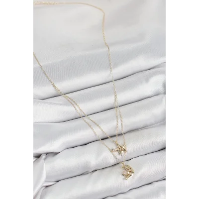 BUĞZ Pirinç Zirkon Taşlı Yıldız Ve Ay Model Gold Renk Kadın Kolye - Lisinya