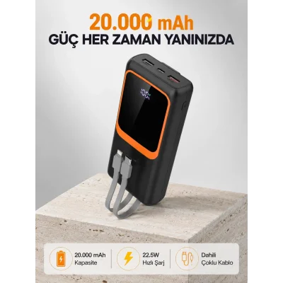 BUĞZ Powerbank 20000 mAh 22.5W Hızlı Şarjlı ve Kompakt Çoklu Kablo Çıkışlı