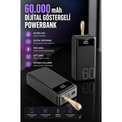 BUĞZ Powerbank 60.000 Mah Hızlı Şarj 4 Çıkışlı Uzun Şarj Süreli Dijital Göstergeli