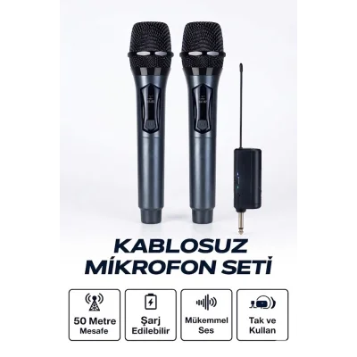 BUĞZ Profesyonel Çiftli Kablosuz Mikrofon Seti Karaoke Şarj Edilebilir 50 Metre