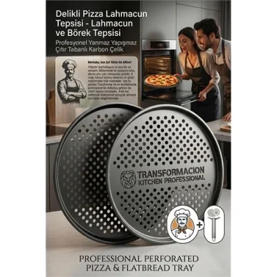 BUĞZ Profesyonel Delikli Pizza Tepsisi 32 cm - Yanmaz Yapışmaz Çıtır Tabanlı Karbon Çelik Lahmacun ve Börek Tepsisi 723292