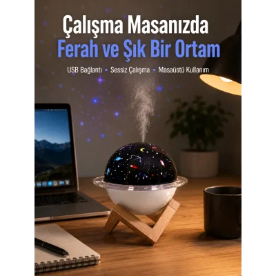 BUĞZ Projektör ışıklı ve aromaterapi destekli taşınabilir nemlendirici cihaz USB bağlantılı
