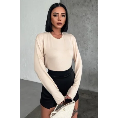 BUĞZ Rahat Ve Şık Uzun Kollu Bisiklet Yaka Likralı Viskon Penye Body Bej ( BUĞZ )