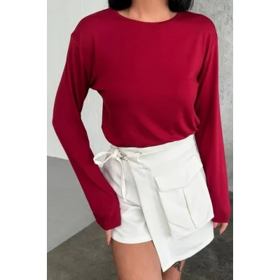 BUĞZ Rahat Ve Şık Uzun Kollu Bisiklet Yaka Likralı Viskon Penye Body Bordo ( BUĞZ )