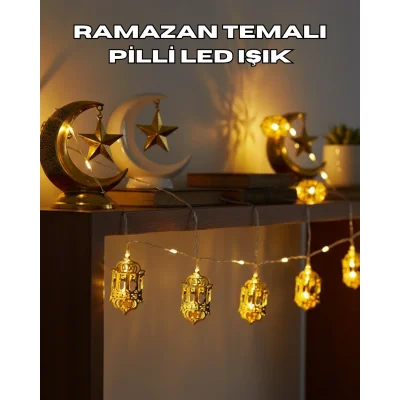 BUĞZ Ramazan Dekoru İçin Pilli LED Işık Altın Fener Tasarımlı